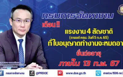 กรมการจัดหางาน แนะแรงงาน 4 สัญชาติ ที่ใบอนุญาตทำงานจะหมดอายุ ภายใน 13 ก.พ. 67 เร่งต่ออายุใบอนุญาตทำงาน
