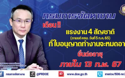 กรมการจัดหางาน แนะแรงงาน 4 สัญชาติ ที่ใบอนุญาตทำงานจะหมดอายุ ภายใน 13 ก.พ. 67 เร่งต่ออายุใบอนุญาตทำงาน